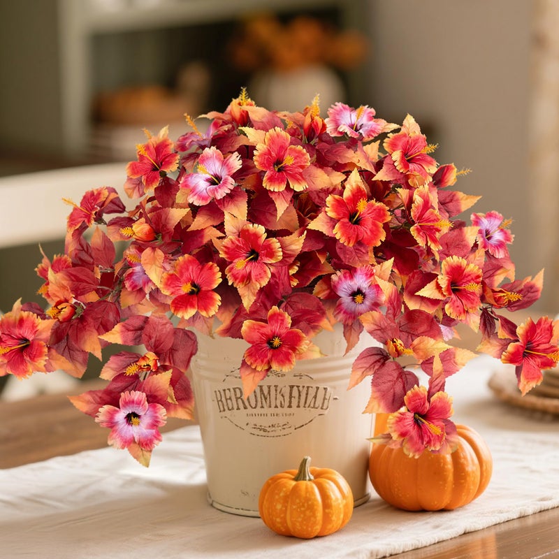 Hrobek Fall Fake Flowers Artificial for Outdoors Decoration, 2PCS Faux Hibiscus Flowers for Outside Planters, Realistic Silk Autumn Plants with UV Resistant No Fade for Home Porch Garden Balcony Yard Decor - Image 1