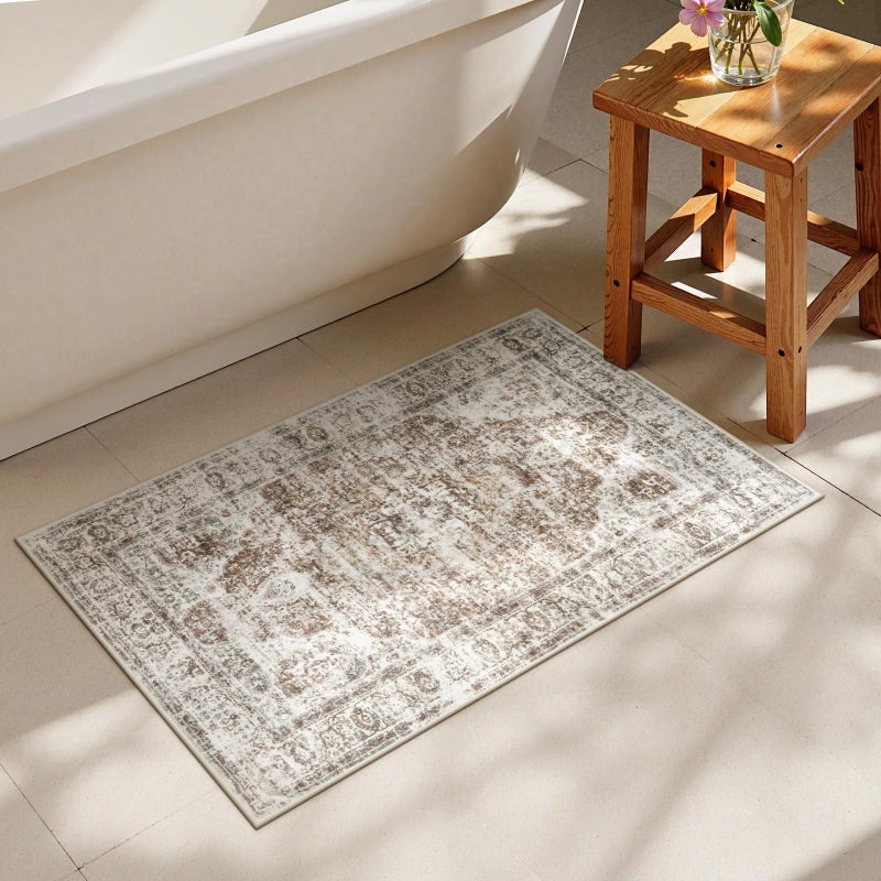 Uphome Boho Bathroom Rugs, Distressed Farmhouse Khaki Bath Mat, Comfy Velvet Small Bath Rugs Non Slip Washable, Vintage Oriental Toilet Rug for Sink Shower Vanity, 20x32 inch - Image 1