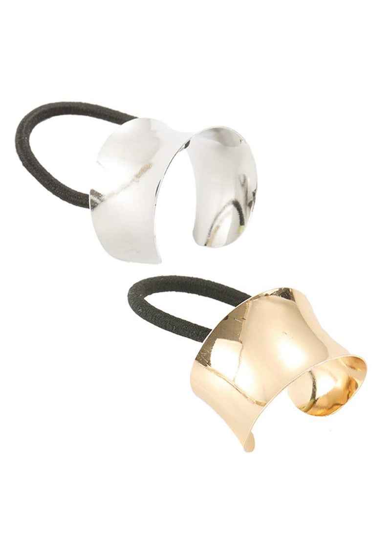 lasenersm - 2 Pieces Metal Cuff Ponytail Holder Hair Cuff Elastic Hair Band Rope Hair Ties for Women Girls, Golden and Silver - Image 1