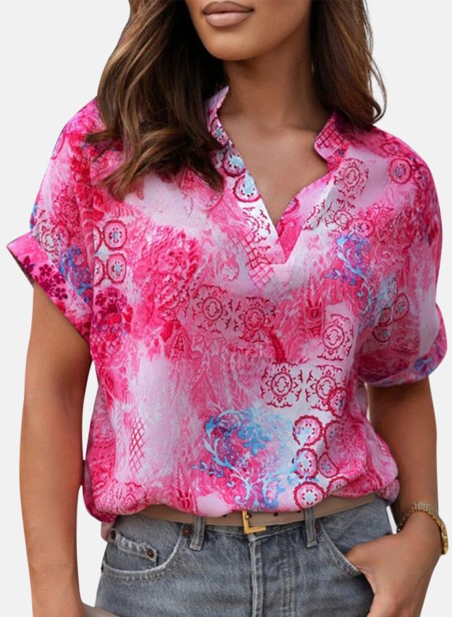 YUNIQEE Rose Abstract Floral Print Notch V Neck Rolled Short Sleeve Top - Image 1