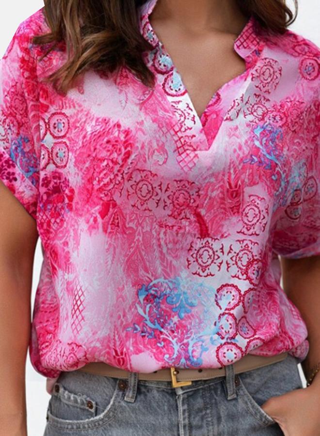 YUNIQEE Rose Abstract Floral Print Notch V Neck Rolled Short Sleeve Top - Image 2