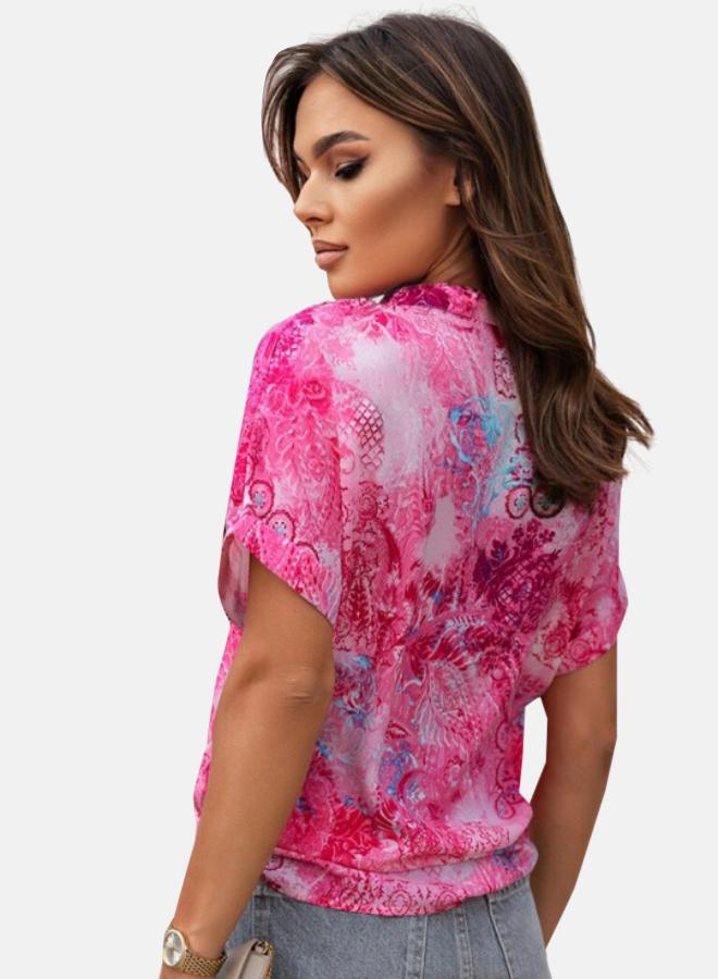 YUNIQEE Rose Abstract Floral Print Notch V Neck Rolled Short Sleeve Top - Image 3