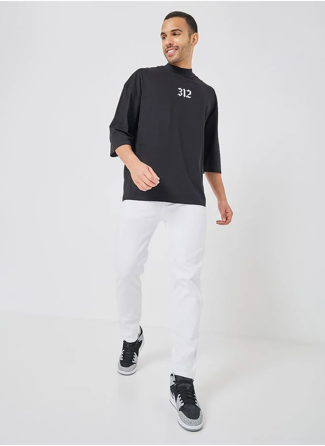 ستايلي 3/4 Sleeve Chest Embroidered Boxy T-Shirt