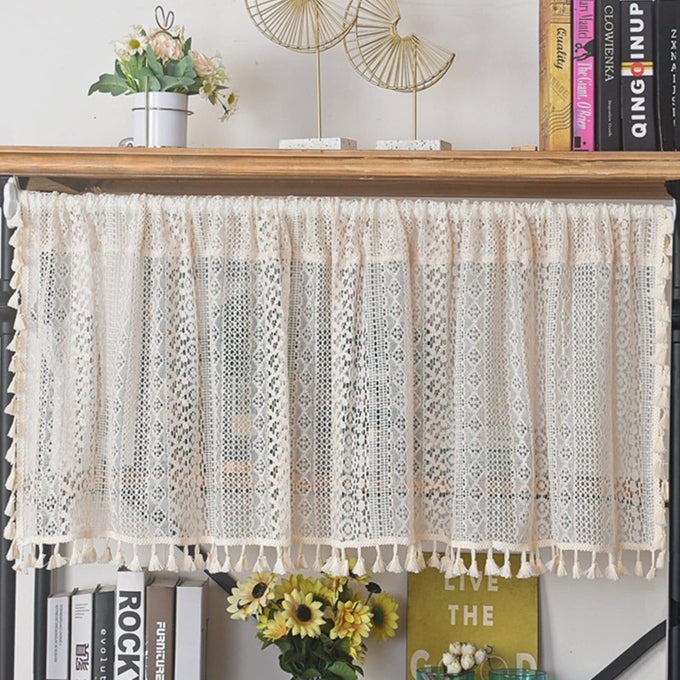 18 Inch Curtain Valance for Kitchen Cafe Short Boho Sheer Lace Crochet Curtain Knitting with Handmade Macrame Tassels for Dinning Room Vintage Chic Home Decor W59 x L18 1 Panel Cream