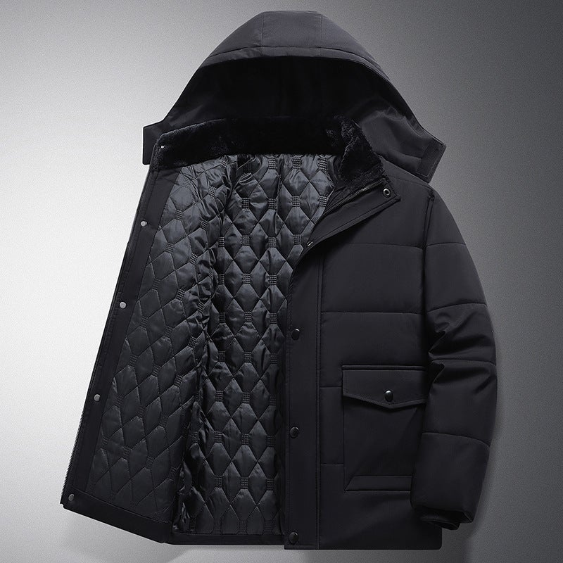 Winter Mens fleece-lined Thickened Jacket Dad Middle-aged Mens Business fleece-lined Quilted Mid-length Cotton-padded Jacket plus size Black plus velvet - Image 5