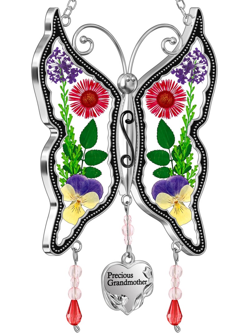 KY&BOSAM KYBOSAM Butterfly Suncatchers Precious Grandmother Stained Glass for Windows Hangings Wind Chimes with Pressed Flower Wings and Heart Charm Birthday Gifts for Grandma Mothers Days Christams 