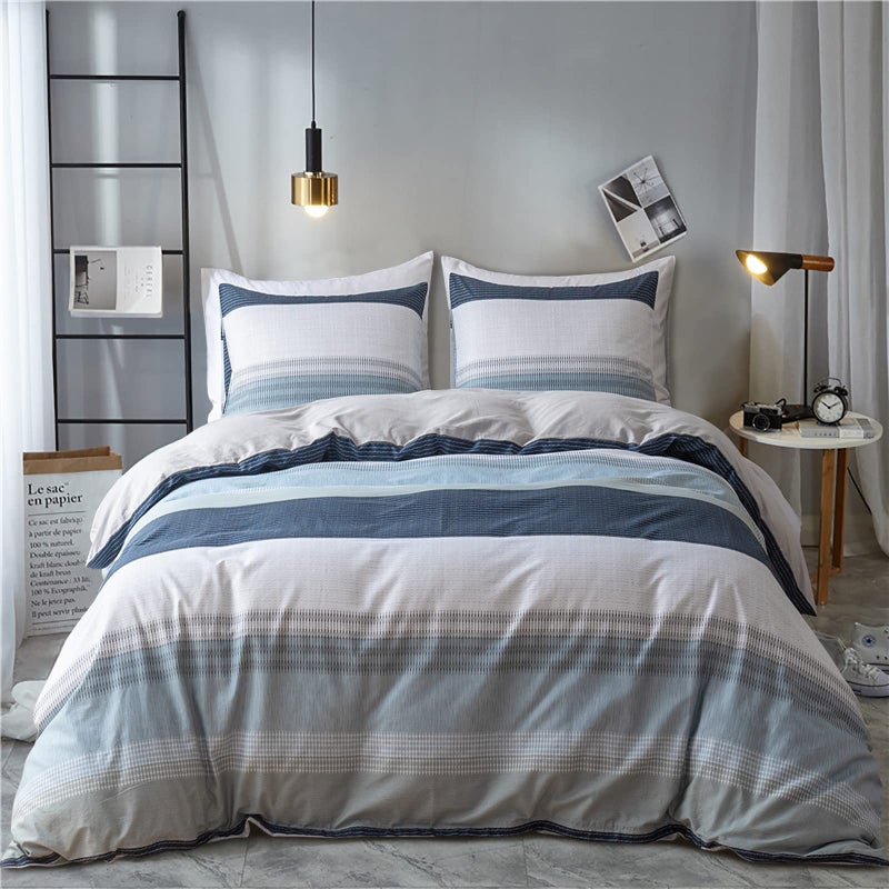 EAVD Cotton Duvet Cover Set Queen White Gray Blue Striped Duvet Cover Modern Geometric Striped Bedding Set for Boys Girls Women Men Blue Striped Queen Duvet Cover with Zipper Closure - Image 1