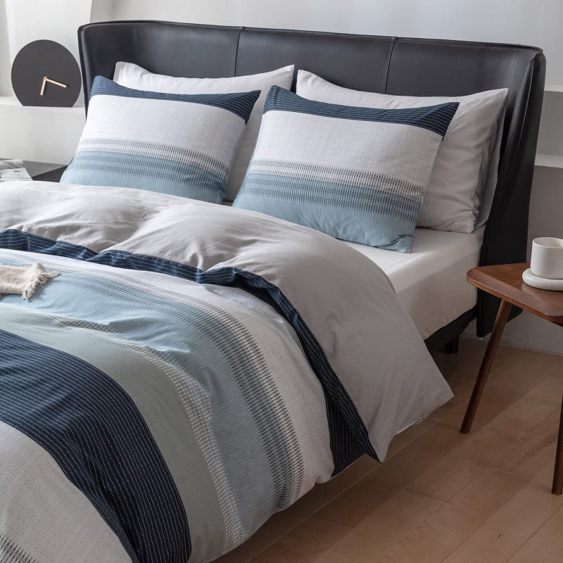 EAVD Cotton Duvet Cover Set Queen White Gray Blue Striped Duvet Cover Modern Geometric Striped Bedding Set for Boys Girls Women Men Blue Striped Queen Duvet Cover with Zipper Closure - Image 3