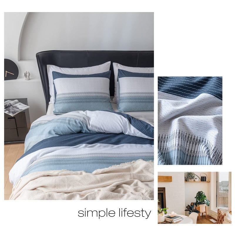 EAVD Cotton Duvet Cover Set Queen White Gray Blue Striped Duvet Cover Modern Geometric Striped Bedding Set for Boys Girls Women Men Blue Striped Queen Duvet Cover with Zipper Closure - Image 2