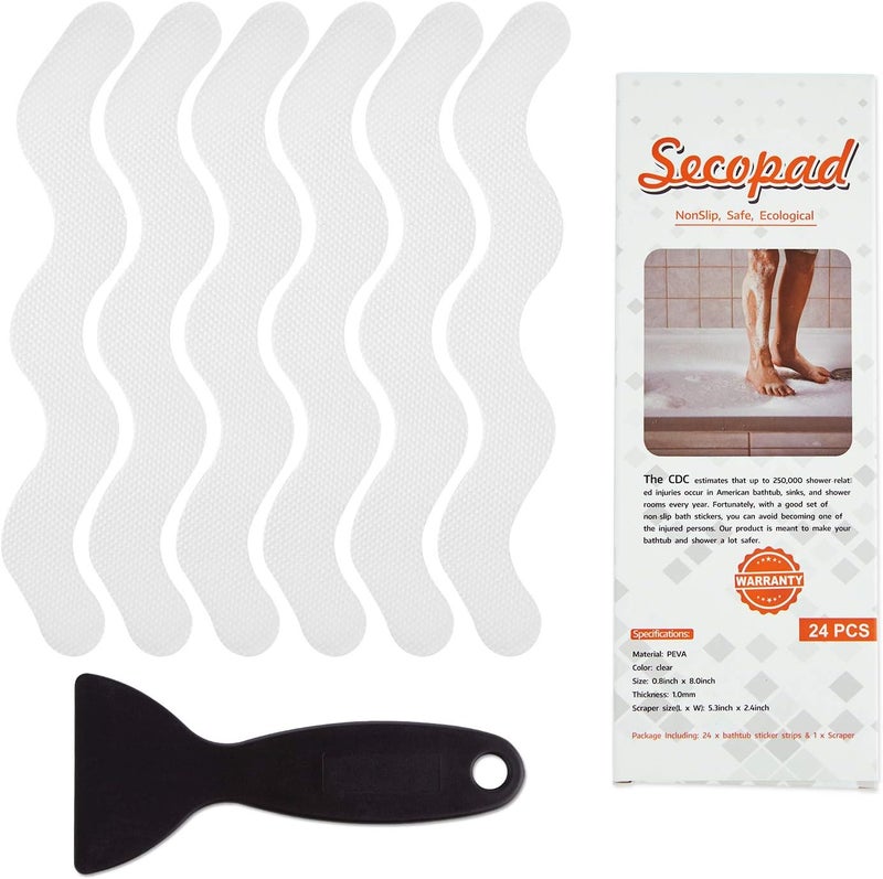 Secopad USA Patented Anti Slip Shower Stickers 24 PCS Safety Bathtub Strips Adhesive Decals with Premium Scraper for Bath Tub Shower Stairs - Image 1