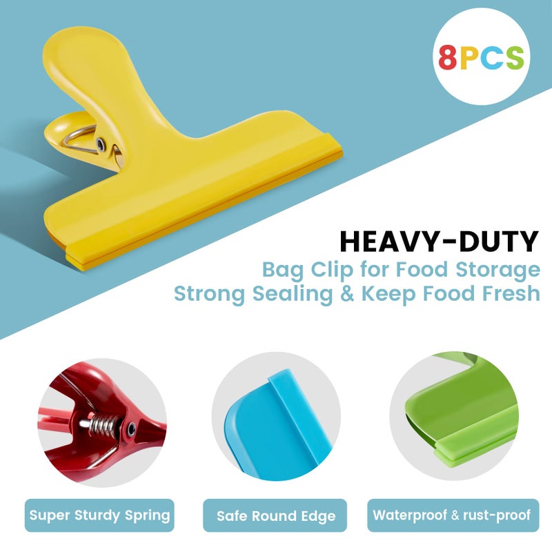 HOUSE AGAIN 8 Pack Stainless Steel Chip Bag Clips Covered with Silicone - NO More Sharp Edges - Color Coded for Food Bags - Air Tight Seal, Heavy Duty, 3 Inches Wide, Red, Yellow, Blue, Green - Image 4