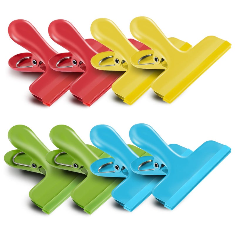HOUSE AGAIN 8 Pack Stainless Steel Chip Bag Clips Covered with Silicone - NO More Sharp Edges - Color Coded for Food Bags - Air Tight Seal, Heavy Duty, 3 Inches Wide, Red, Yellow, Blue, Green - Image 1