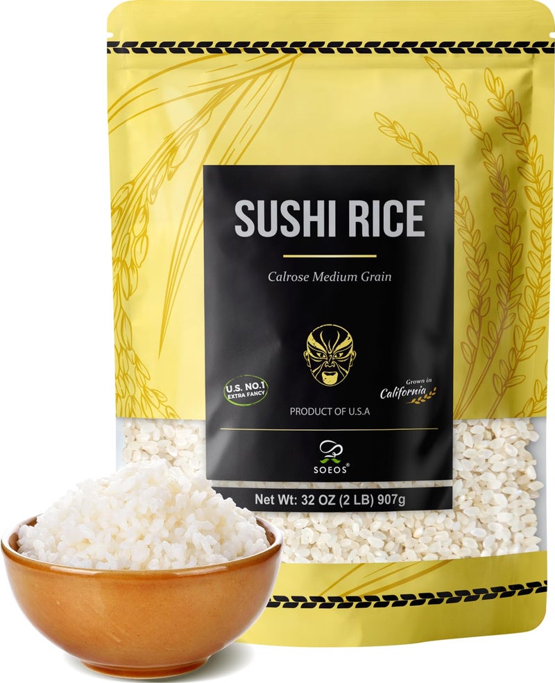 Soeos Sushi Rice, Medium Grain, White Sticky Rice for Sushi Rolls and Japanese Food, Calrose Rice, 2 Pound (32 Ounce) - Image 1
