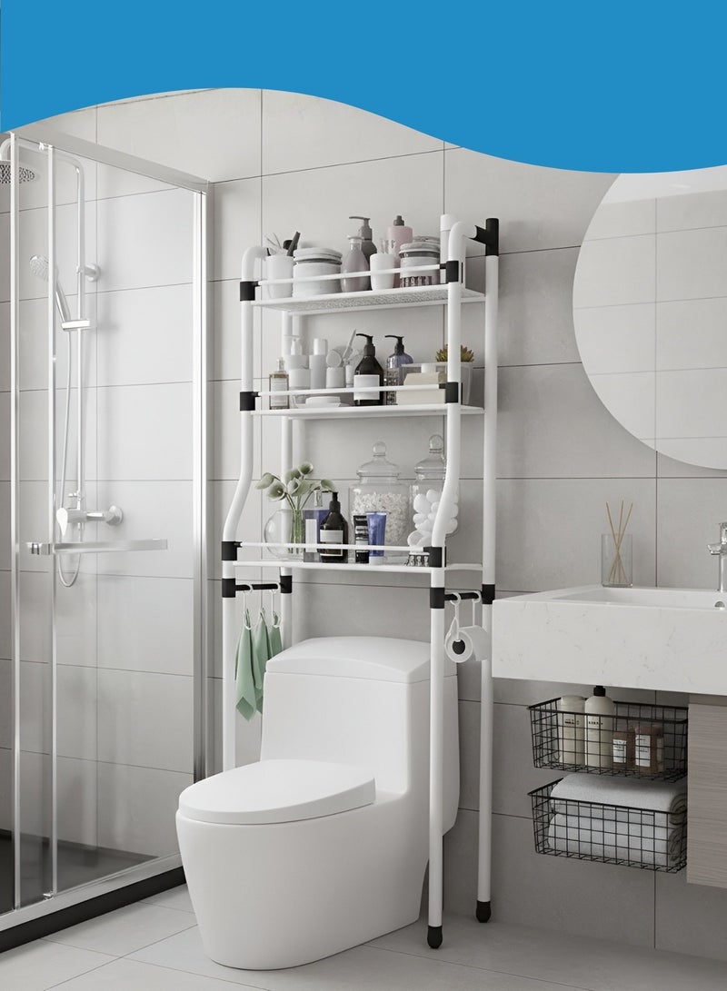 JUNI Over Toilet Storage Shelf, 3-Tier Metal Bathroom Space Saver & Bathroom Organizer with Toilet Paper Holder and 4 Hooks – Freestanding Over The Toilet Shelf for Small Bathrooms & WC - Image 1