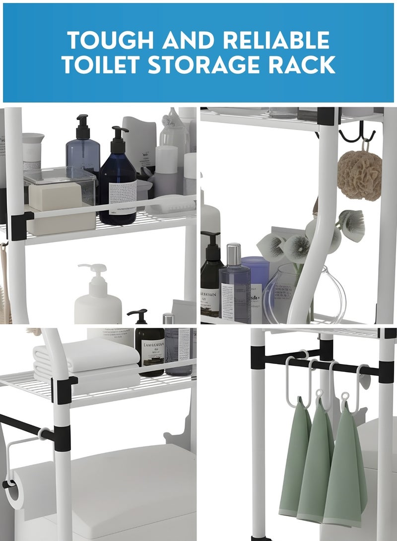 JUNI Over Toilet Storage Shelf, 3-Tier Metal Bathroom Space Saver & Bathroom Organizer with Toilet Paper Holder and 4 Hooks – Freestanding Over The Toilet Shelf for Small Bathrooms & WC - Image 4