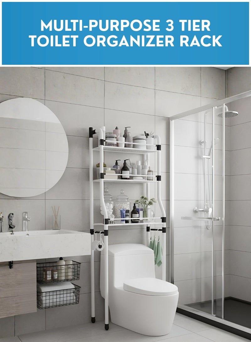 JUNI Over Toilet Storage Shelf, 3-Tier Metal Bathroom Space Saver & Bathroom Organizer with Toilet Paper Holder and 4 Hooks – Freestanding Over The Toilet Shelf for Small Bathrooms & WC - Image 3