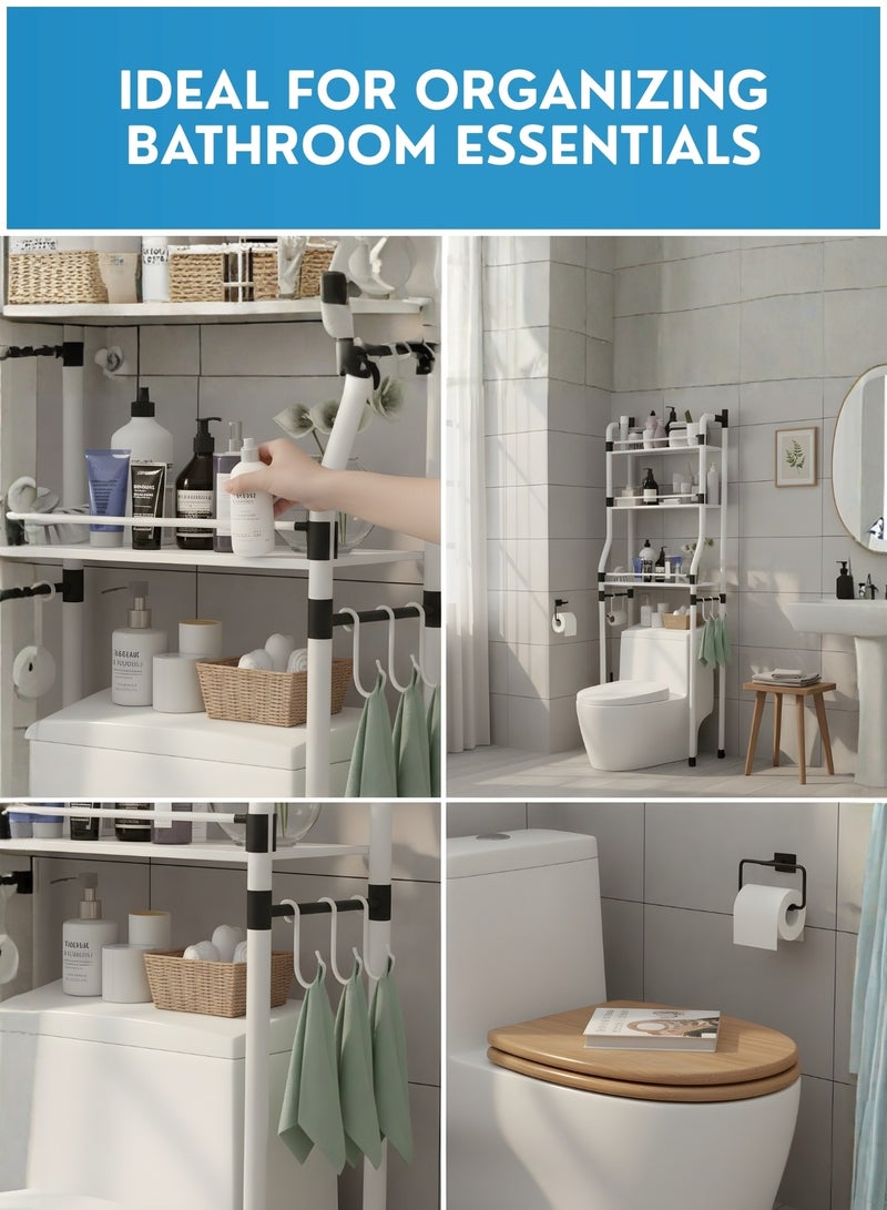 JUNI Over Toilet Storage Shelf, 3-Tier Metal Bathroom Space Saver & Bathroom Organizer with Toilet Paper Holder and 4 Hooks – Freestanding Over The Toilet Shelf for Small Bathrooms & WC - Image 5