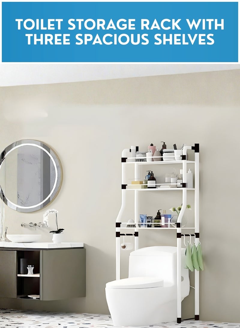 JUNI Over Toilet Storage Shelf, 3-Tier Metal Bathroom Space Saver & Bathroom Organizer with Toilet Paper Holder and 4 Hooks – Freestanding Over The Toilet Shelf for Small Bathrooms & WC - Image 2