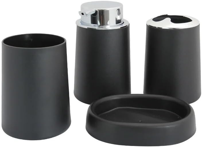 Soap Dispenser Set Bamboo Bathroom Accessories Set Plastic Bathroom Kit Soap Dispenser, Toothbrush Cup, Soap Dish, Toilet Brush Holder,Trash Can(Black 4pcs B) - Image 1