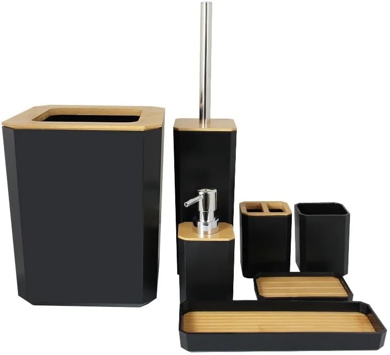 Soap Dispenser Set Bamboo Bathroom Accessories Set Plastic Bathroom Kit Soap Dispenser, Toothbrush Cup, Soap Dish, Toilet Brush Holder,Trash Can(Black 4pcs B) - Image 2