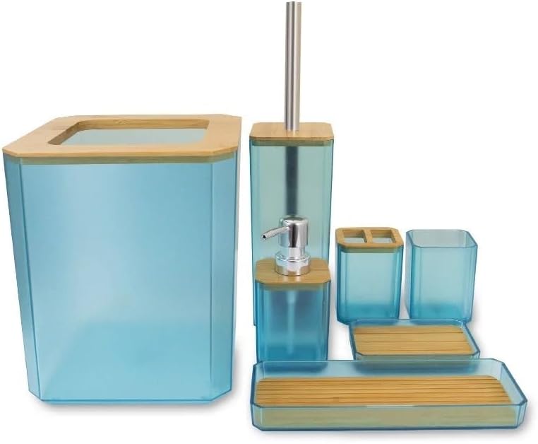 Soap Dispenser Set Bamboo Bathroom Accessories Set Plastic Bathroom Kit Soap Dispenser, Toothbrush Cup, Soap Dish, Toilet Brush Holder,Trash Can(Black 4pcs B) - Image 4