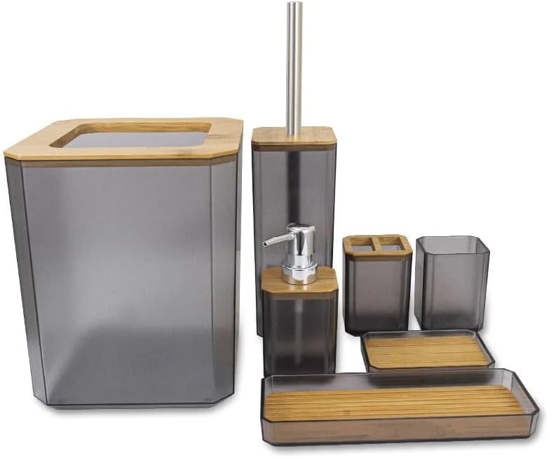 Soap Dispenser Set Bamboo Bathroom Accessories Set Plastic Bathroom Kit Soap Dispenser, Toothbrush Cup, Soap Dish, Toilet Brush Holder,Trash Can(Black 4pcs B) - Image 3