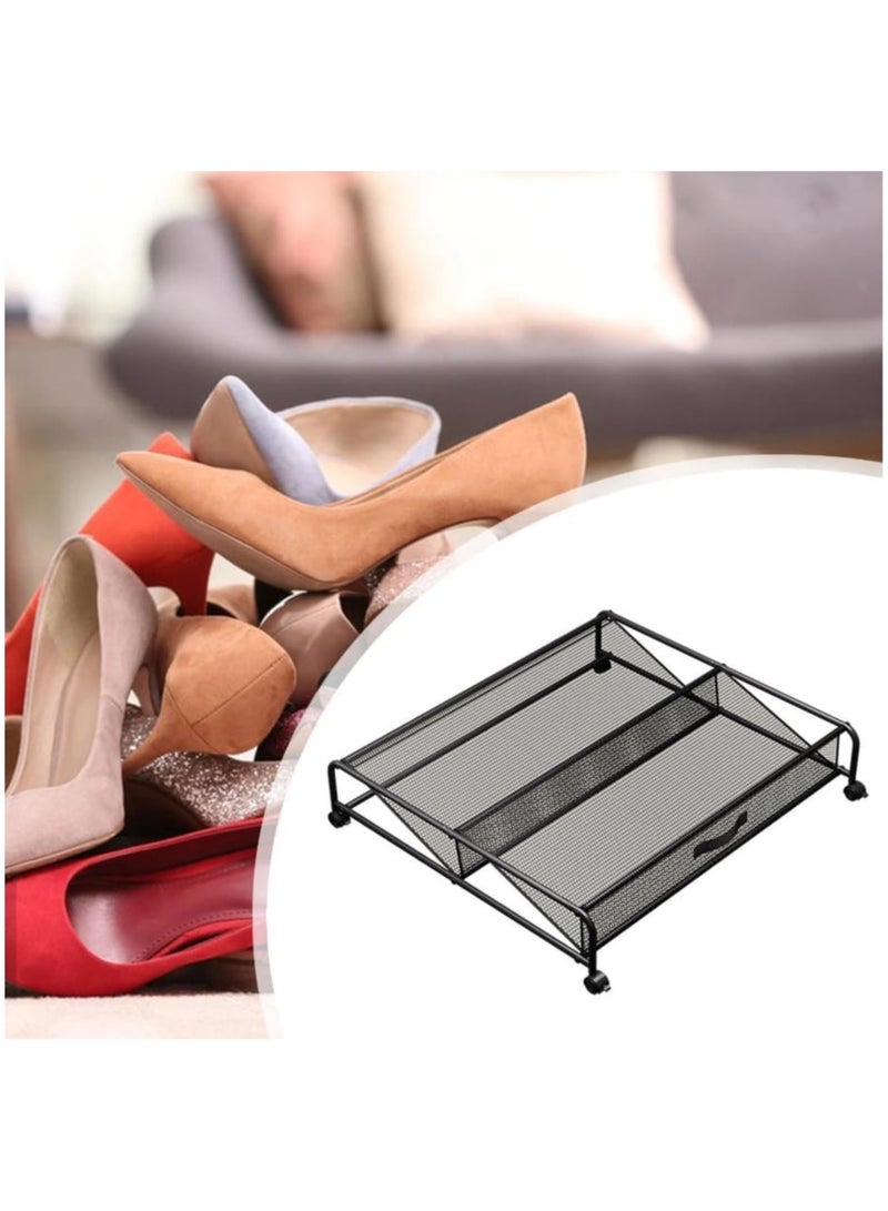 Rolling Underbed Shoe Storage Rack, Metal Mesh Design, Black - Image 2