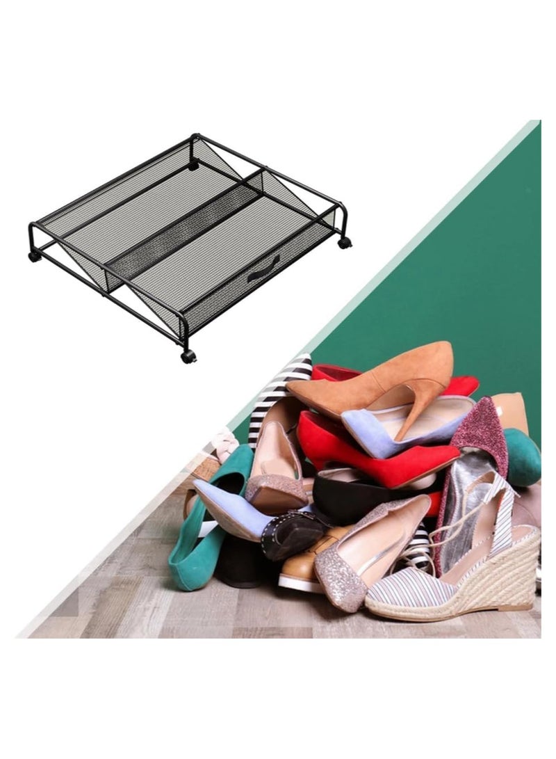 Rolling Underbed Shoe Storage Rack, Metal Mesh Design, Black - Image 4