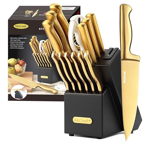 McCook Knife Sets Golden Titanium Stainless Steel Kitchen Knife Block Sets with Builtin Sharpener