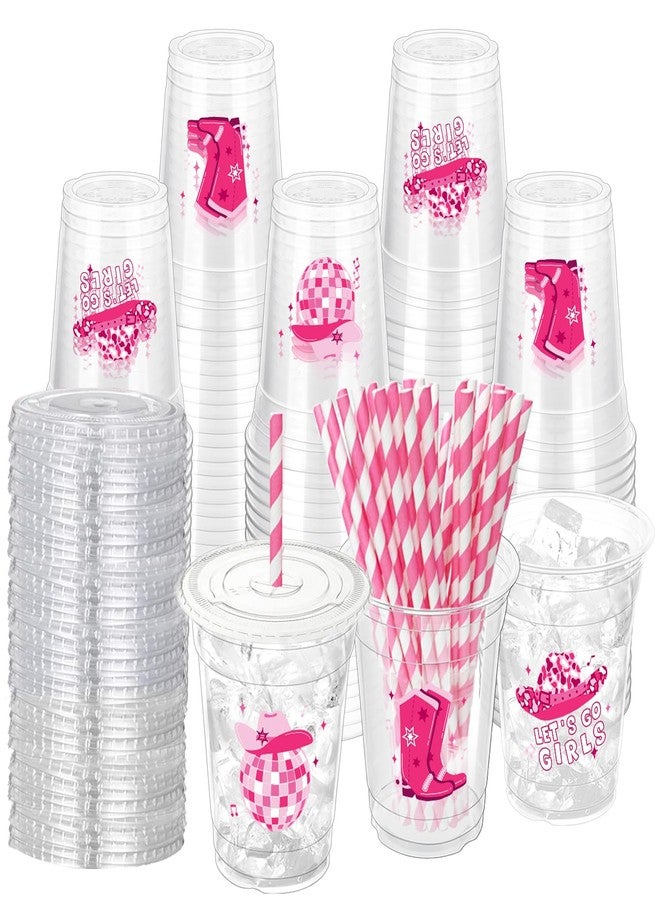 ZCPTZ 100 Sets Pink Cowgirl Disco Plastic Cups with Staws & Lids, 12 oz Western Cowgirl Disposable Cups Cowgirl Clear Party Cups for Western Party Birthday Baby Shower Last Rodeo Supplies - Image 1