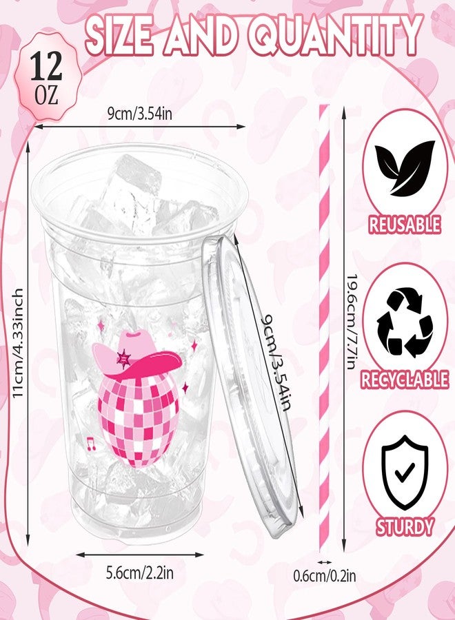 ZCPTZ 100 Sets Pink Cowgirl Disco Plastic Cups with Staws & Lids, 12 oz Western Cowgirl Disposable Cups Cowgirl Clear Party Cups for Western Party Birthday Baby Shower Last Rodeo Supplies - Image 2