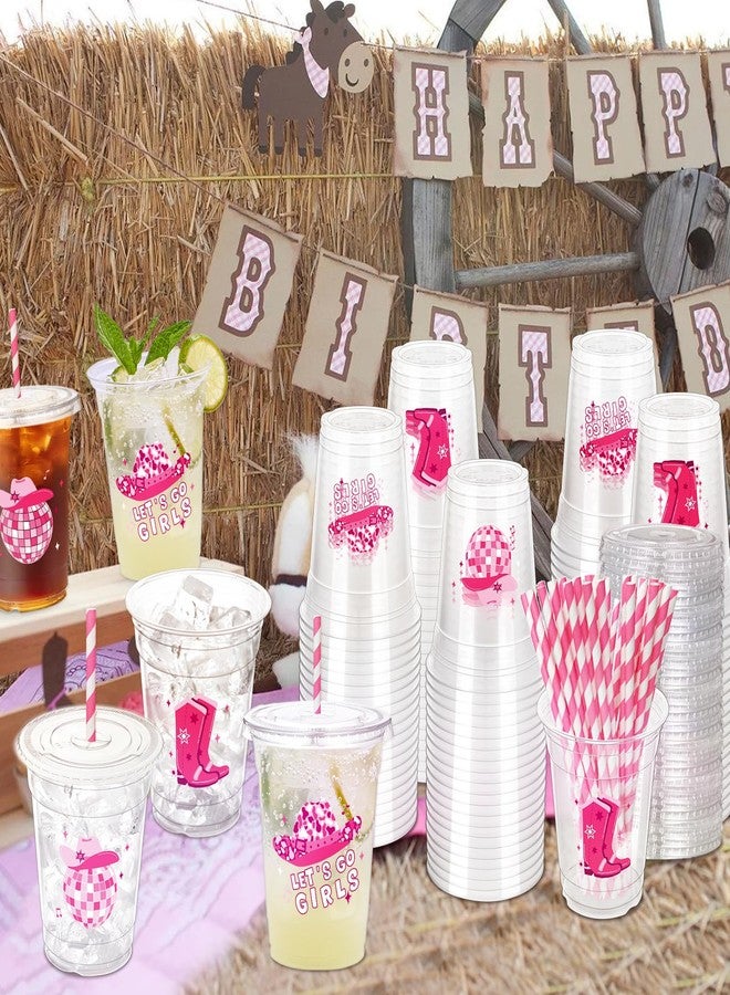 ZCPTZ 100 Sets Pink Cowgirl Disco Plastic Cups with Staws & Lids, 12 oz Western Cowgirl Disposable Cups Cowgirl Clear Party Cups for Western Party Birthday Baby Shower Last Rodeo Supplies - Image 3
