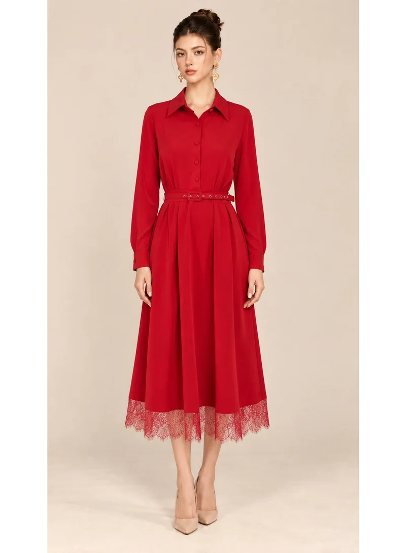 2Trendy Women's Red Midi Shirt Dress with Front Buttons, Waist Belt and Lace Trim