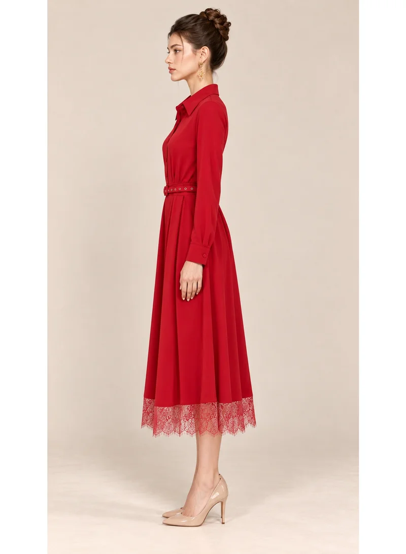 2Trendy Women's Red Midi Shirt Dress with Front Buttons, Waist Belt and Lace Trim