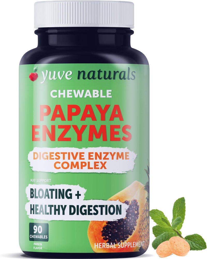 Yuve Natural Papaya Digestive Enzymes - Sugar-Free Chewable Candies - Promotes Better Digestion - Constipation & Bloating Aid, Detox, Leaky Gut Repair & Gas Relief - Vegan, Non-GMO, Gluten-Free - 90ct - Image 1