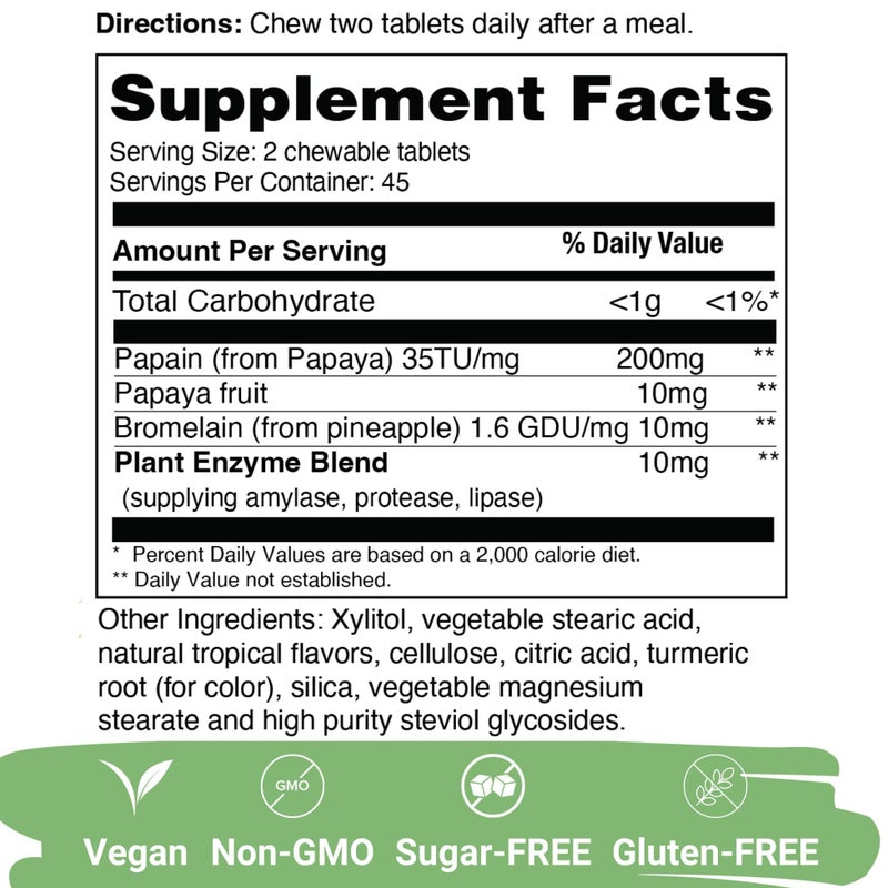 Yuve Natural Papaya Digestive Enzymes - Sugar-Free Chewable Candies - Promotes Better Digestion - Constipation & Bloating Aid, Detox, Leaky Gut Repair & Gas Relief - Vegan, Non-GMO, Gluten-Free - 90ct - Image 2