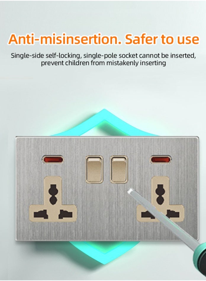 Vmax Double MF Wall Socket with Dual Switch & Indicator | Modern Brushed Metal Finish | Safe & Durable Electrical Power Outlet for Home, Office & Commercial Use - Image 4