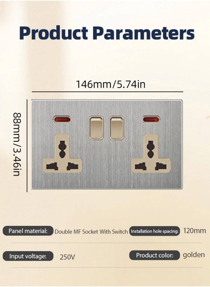 Vmax Double MF Wall Socket with Dual Switch & Indicator | Modern Brushed Metal Finish | Safe & Durable Electrical Power Outlet for Home, Office & Commercial Use - Image 3