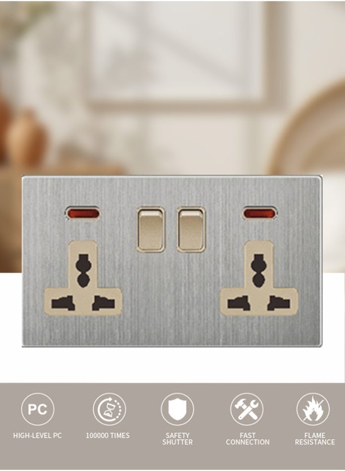 Vmax Double MF Wall Socket with Dual Switch & Indicator | Modern Brushed Metal Finish | Safe & Durable Electrical Power Outlet for Home, Office & Commercial Use - Image 1