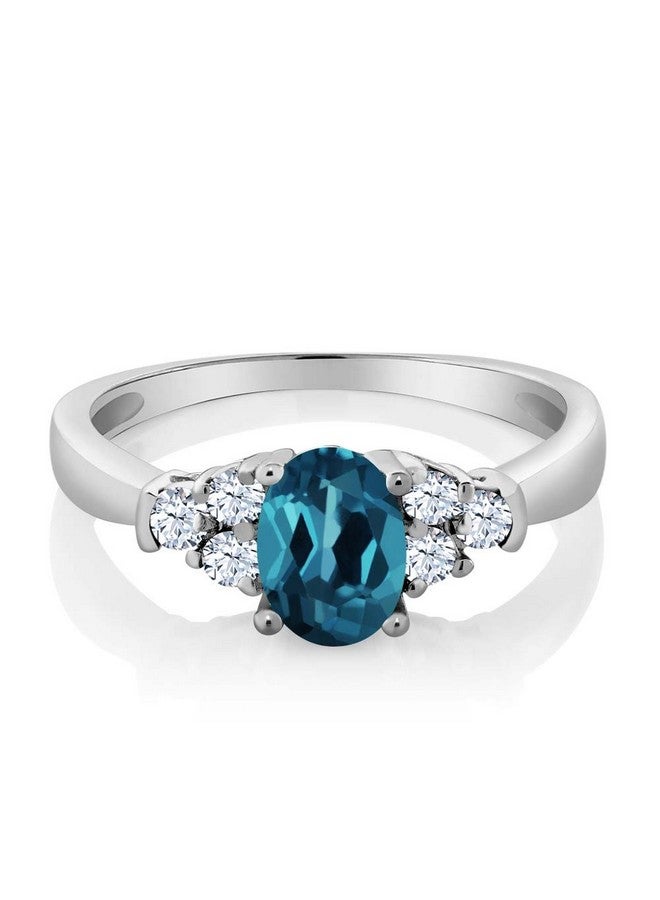 GEM STONE KING 925 Sterling Silver London Blue Topaz And White Topaz Ring For Women (0.79 Cttw Oval 6X4Mm Gemstone Birthstone Available In Size 5 6 7 8 9) - Image 2