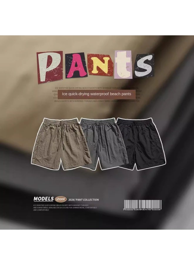 Izexx Summer Retro Waterproof Solid Color Sports Ice Silk Shorts Men's Trendy Brand Loose Wide Leg Casual Pants - Image 4