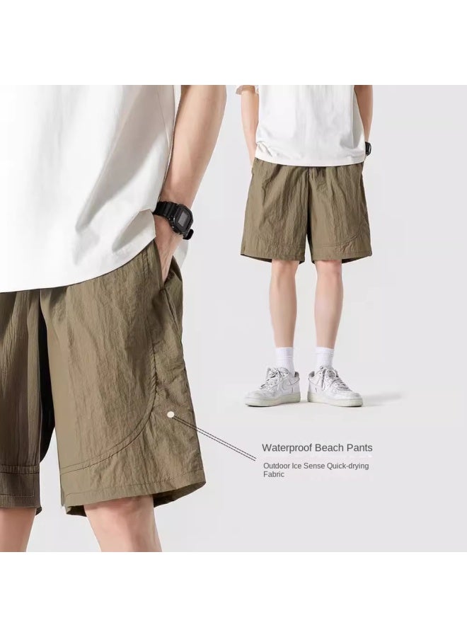 Izexx Summer Retro Waterproof Solid Color Sports Ice Silk Shorts Men's Trendy Brand Loose Wide Leg Casual Pants - Image 2