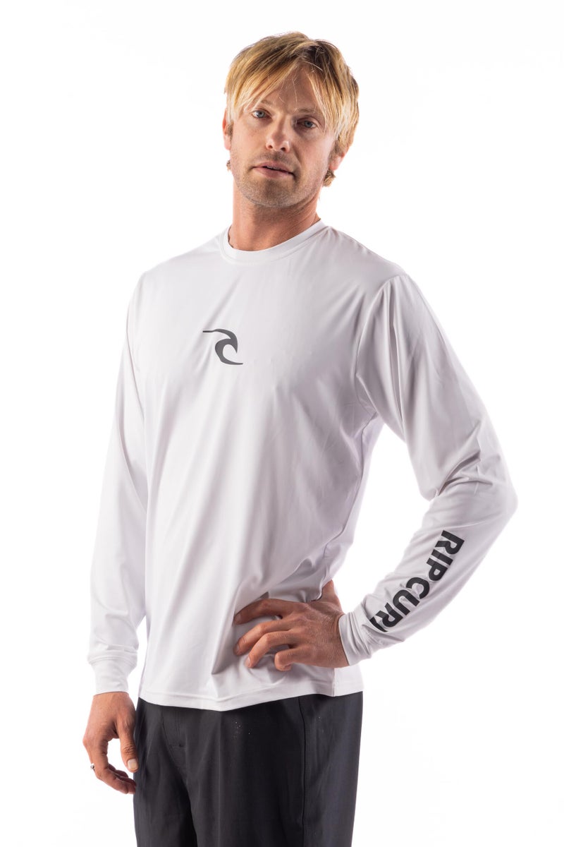 قميص راشغارد للرجال بأكمام طويلة من ريب كيرل UPF 50 لحماية من الشمس، قميص ركوب الأمواج بتصميم فضفاض، أبيض، صغير