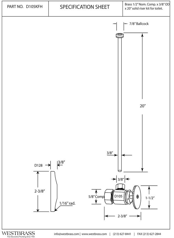 Westbrass D105KFH-62 5/8" x 3/8" OD x 20" Flat Head Riser Supply Line Kit with Round Handle Angle Supply Shut Off Valve for Toilet, Matte Black - Image 2