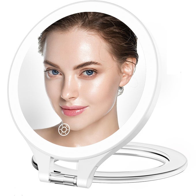 MAGNIFYING MIRROR WITH LIGHT 10X1X DOUBLE SIDED TRAVEL MIRROR WITH LIGHT RECHARGEABLE MAKEUP MIRROR WITH 3 COLOR SETTING ADJUSTABLE STAND LIGHTED MIRROR VANITY PORTABLE DESK COSMETIC