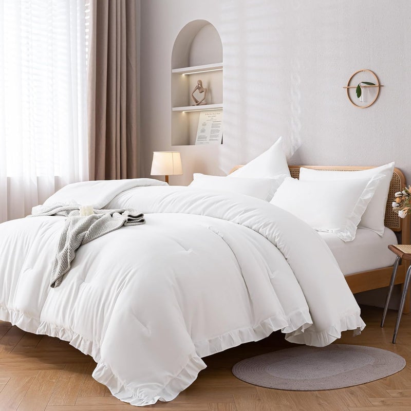 JANZAA Queen Comforter Set White Comforter 3PCS 1 Ruffle Comforter and 2 Pillowcases Vintage Farmhouse Shabby Chic Bedding Soft Fluffy Bed Set Queen All Season