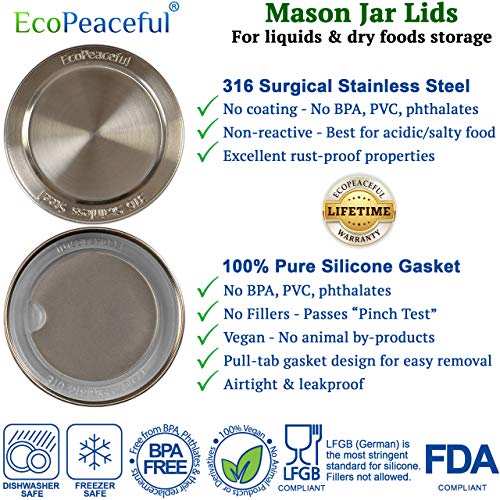 EcoPeaceful 316 Surgical Stainless Steel Mason Jar Lids REGULAR Mouth,ORIGINAL DESIGN,Stackable w/ Pull-Tab Silicone Seal. Rust-proof, Airtight, Leak-proof, Vegan, BPA-Free, Reusable,Not for Canning - Image 2