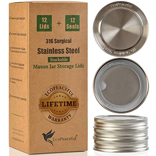 EcoPeaceful 316 Surgical Stainless Steel Mason Jar Lids REGULAR Mouth,ORIGINAL DESIGN,Stackable w/ Pull-Tab Silicone Seal. Rust-proof, Airtight, Leak-proof, Vegan, BPA-Free, Reusable,Not for Canning - Image 1