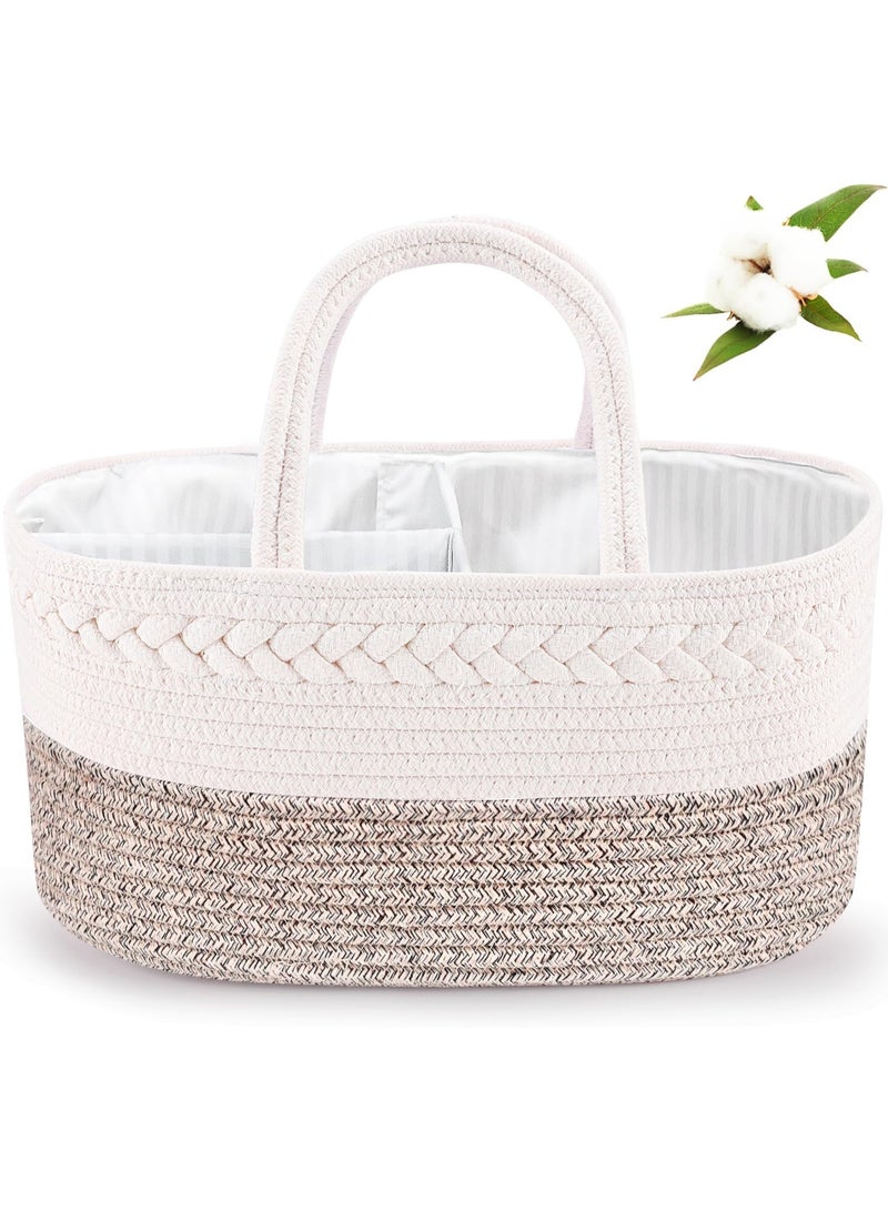 ABenkle ABenkle Diaper Caddy Organizer, Boho Rustic Cotton Rope Nursery Baby Basket, Changing Table Organizer for Baby Diaper Storage and Baby Shower White Mixed Brown  - Image 1