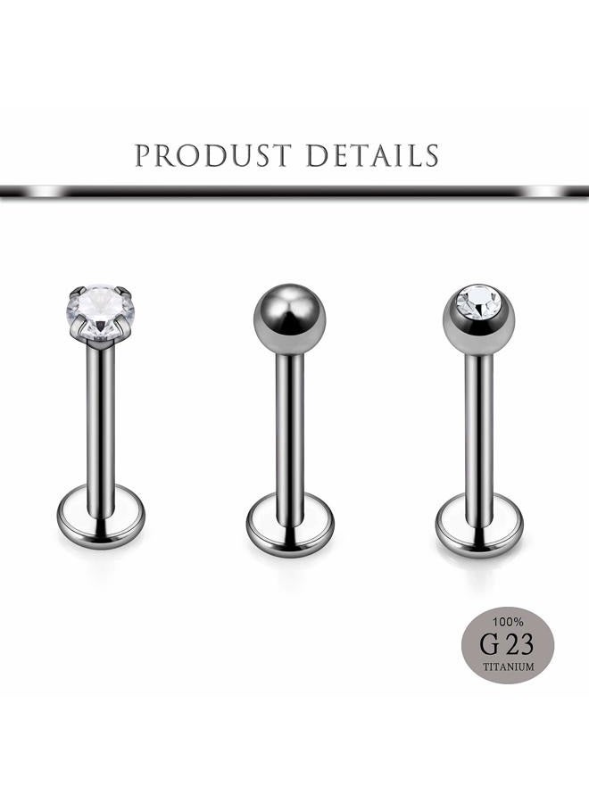 Hoeudjo 16G Solid Grade 23 (G23) Titanium Labret Monroe Lip Ring Tragus/Helix/Cartilage Earring Stud Barbell Body Piercing Jewelry for Women Men CZ Inlaid, 16G, 10mm (3/8 inch), Metal Crystal - Image 2
